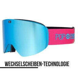 JAMIE ski goggles Neon Pink, half-side view, blue lens and neon pink strap, interchangeable lens, perfect for low visibility ski goggles.