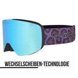 JAMIE ski goggles – Leo Grey, half-side view, grey lens with leopard print strap, interchangeable lens, perfect for men and women | POP EYES