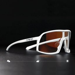 FRIEDA photochromatic sports sunglasses White – side view with icons, self-tinting lens CAT 1-3