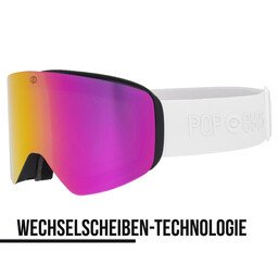 JAMIE ski goggles All White, half-side view, pink lens and plain white strap, interchangeable lens, perfect for low visibility ski goggles | POP EYES