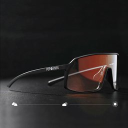 FRIEDA photochromatic sports sunglasses Black – side view with icons, self-tinting lens CAT 1-3