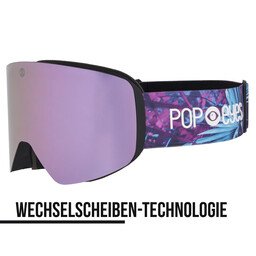 JAMIE ski goggles – Mint Palm, half-side view, with pink lens and palm design in pink, violet, and mint, interchangeable lens | POP EYES