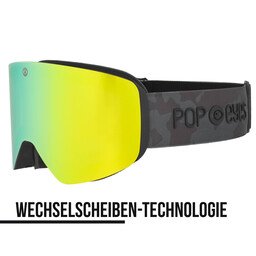 JAMIE ski goggles – Green Army, half-side view, with camouflage print strap and green lens, interchangeable lens for men and women | POP EYES