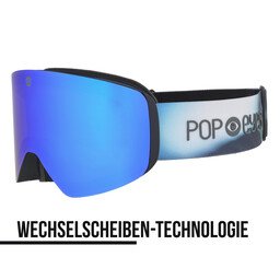 JAMIE ski goggles – Blue Lights, half-side view, blue lens and bold blue-white-green strap design, interchangeable lens | POP EYES