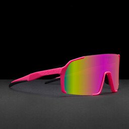 EDDY Pink – side view of the sports sunglasses with pink frame and rainbow lens.