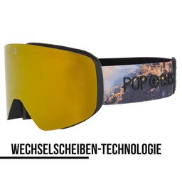 JAMIE ski goggles – Solid Gold, half-side view, with gold mirrored lens, interchangeable lens, perfect for women and men |  POP EYES