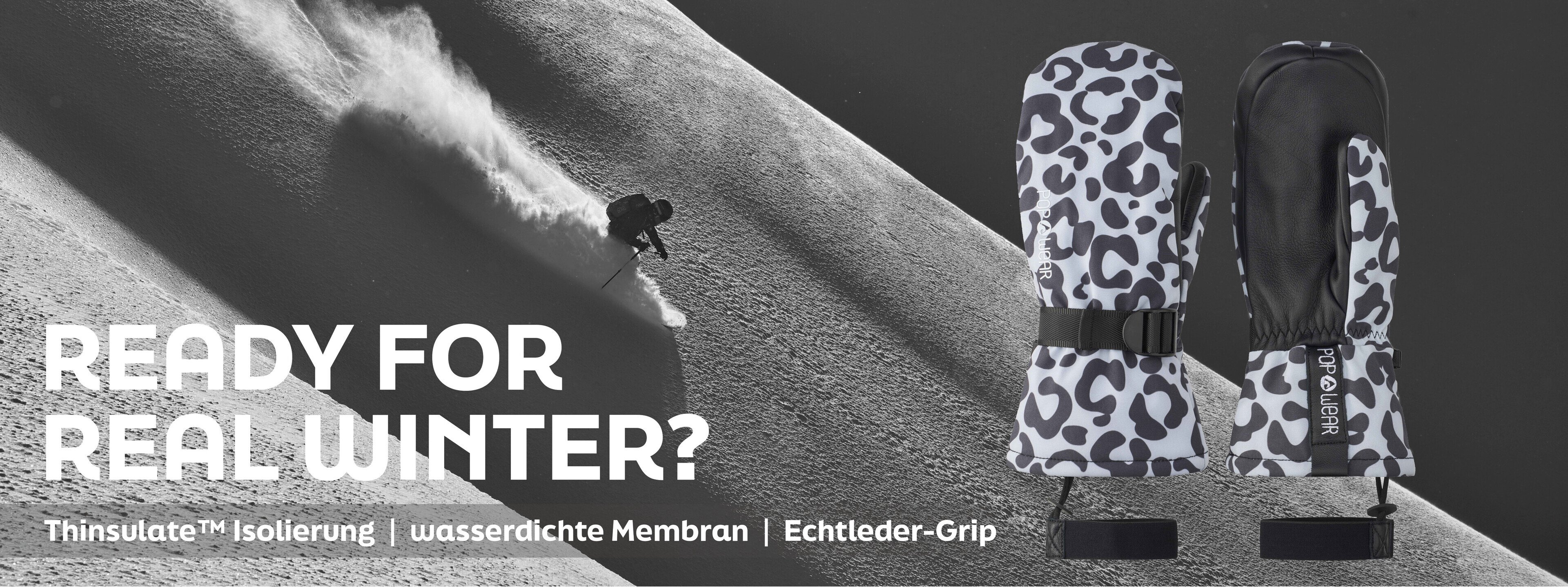 POPWEAR Skihandschuhe MARLEY – Ready for real winter: warme Fäustlinge mit echter Lederhandfläche, Thinsulate™ Isolierung und wasserdichter Membran