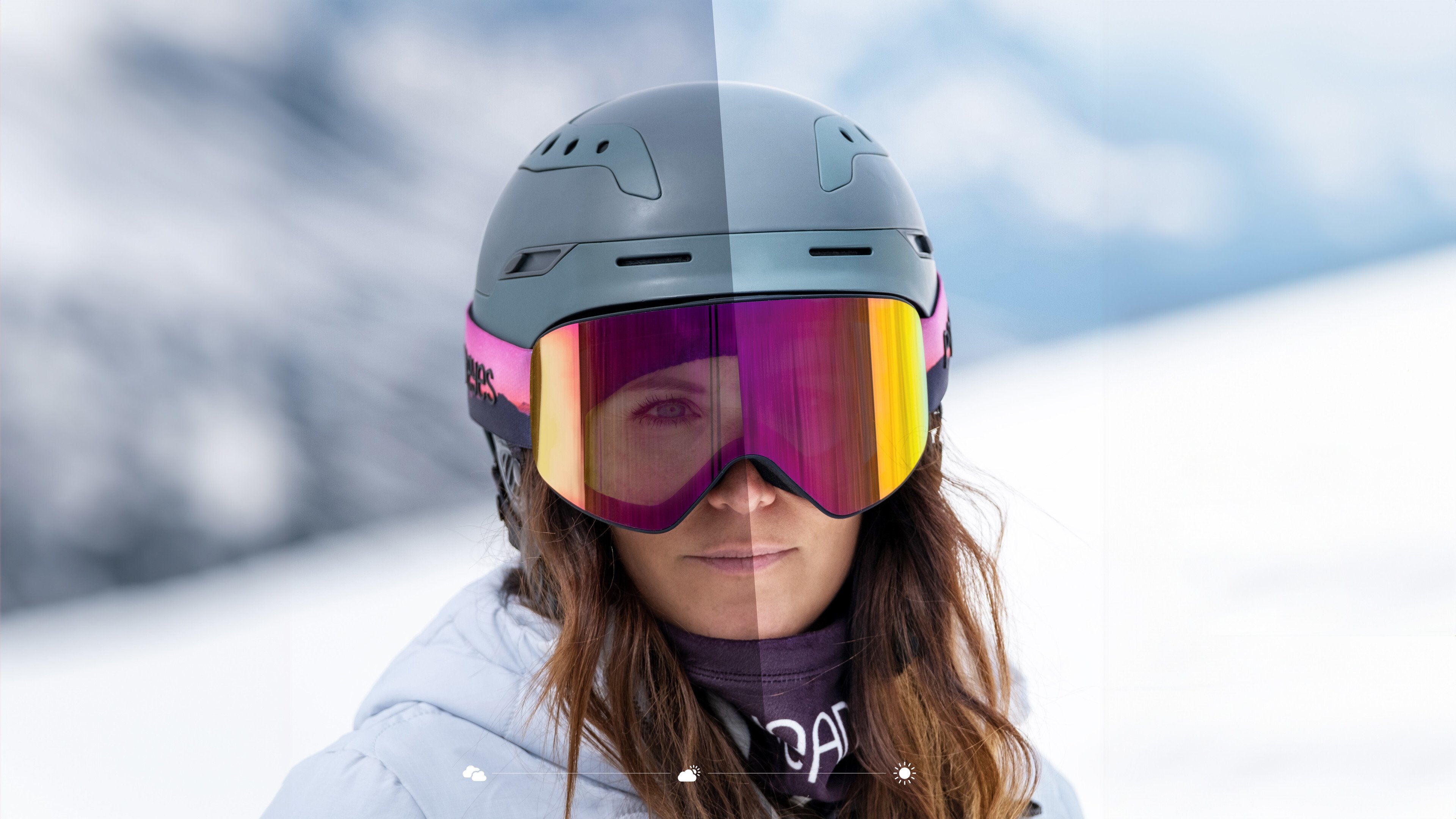 Photochromatic ski goggles LARRY – showing self-tinting effect from CAT 1 to CAT 3 under sun and clouds | POP EYES