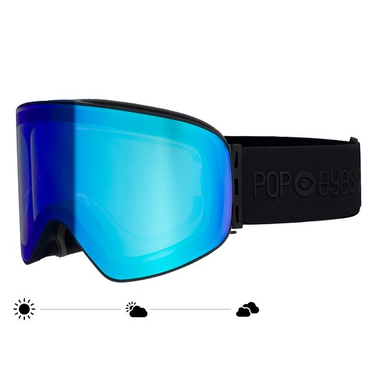 Selbsttönende Skibrille LARRY Photochromatisch Black meets Blue, blaue Scheibe, Icons Sonne-Wolken, Skibrille für Herren & Damen. 